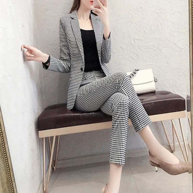 AOKADA 여성 봄 여름 7분 소매 정장 자켓 9부 바지 상하의 세트 투피스 오피스룩