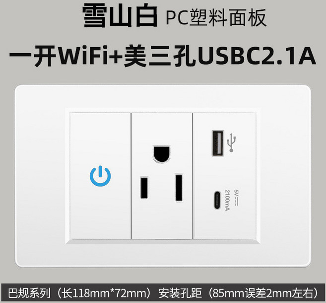 妃雪森 智能觸摸開關面板 WiFi遠端控制, 1個, 塗鴉一開+美三孔USBC2.APC白