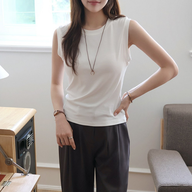 데일리앤 쿨데이 쫀쫀 여성 나시티 기본 무지 면 이너 여름 민소매 레이어드 티셔츠