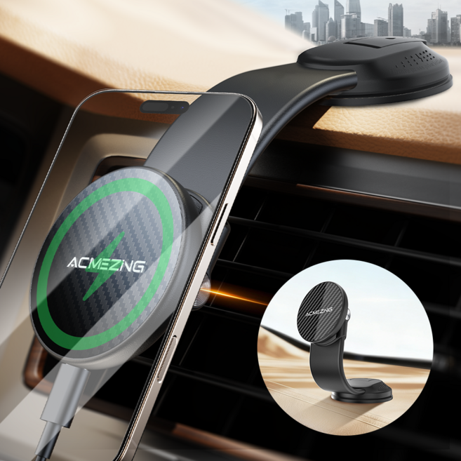 ACMEZING 맥세이프 무선충전 차량 휴대폰거치대 15W 고속충전 진공 흡착 초강력 자석 360도 회전 접이식 형상기억 합금 CZ22, 블랙, 1개