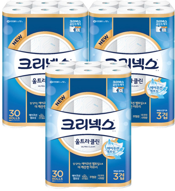 크리넥스 화장지 울트라클린 3겹, 25m, 30롤, 3개