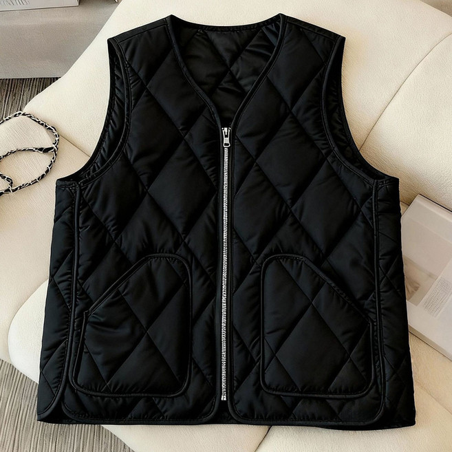 ROYALBELLE 여성 경량 보온 루즈핏 지퍼 베이직 패딩 조끼 V0120332