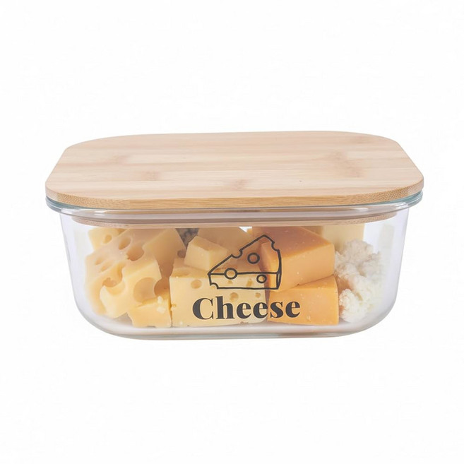 냉장고용 치즈 용기 나무 뚜껑이 있는 유리 슬라이스 홀더 미트 점심 BPA 프리 파쇄 블록 강판 체다치즈 보관함 세이버 키퍼, Large