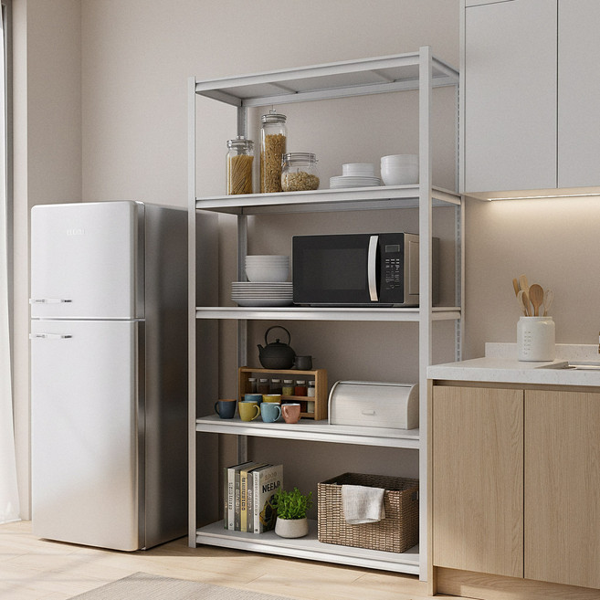 체인지업 5단 철제선반 주방 수납장 전자레인지 선반 베란다선반 조립식 다용도 정리 수납 진열, 백색