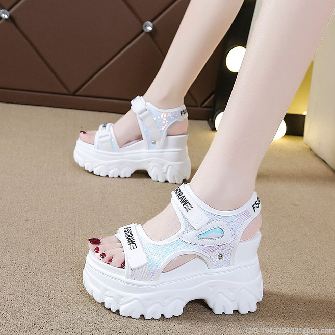 라오농 스팽글 벨크로 샌들 여성 여름 웨지힐 9cm 통굽 키높이 송편 캐주얼 운동화 아부지+hyf06x