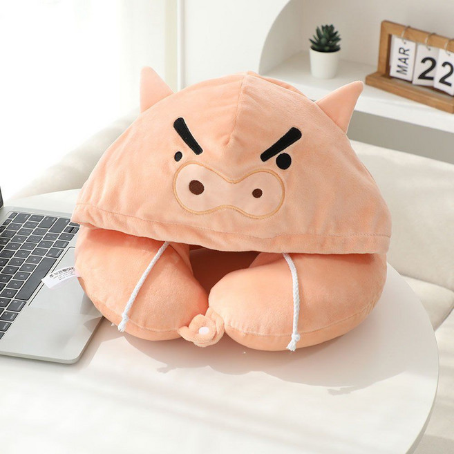 짱구 후드 여행용 목쿠션 기내용 휴대용 목베게 캐릭터 비행기 여행 차량용 쿠션 목베개, 부리부리몬