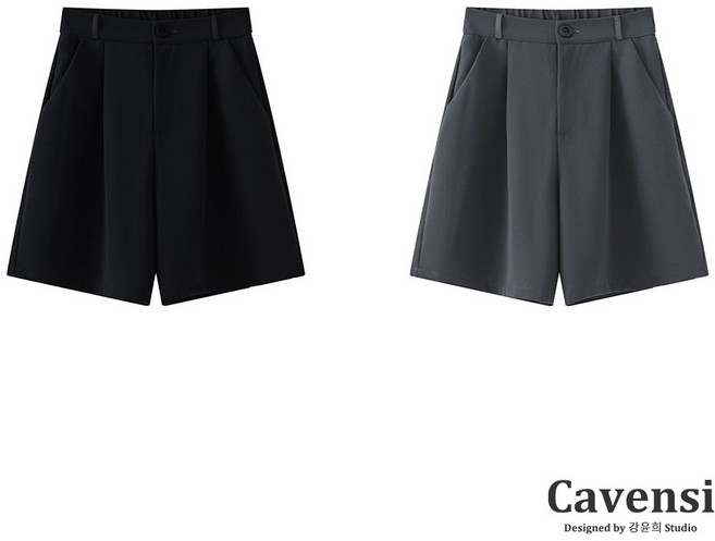 Cavensi A字闊腿西裝短褲 後鬆緊打摺休閒五分褲女