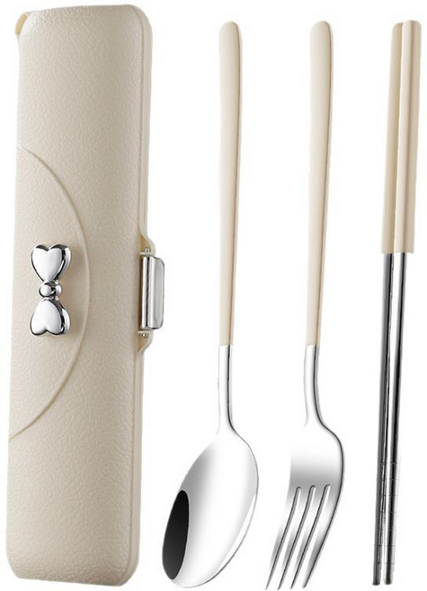 ZOZOFO 스텐 수저 포크 휴대용 무소음 도시락 수저 4p 스푼 젓가락 포크 케이스 업소용숟가락 케이스 한식수저, 1개, 4p[스푼-젓가락-포크-케이스], 화이트