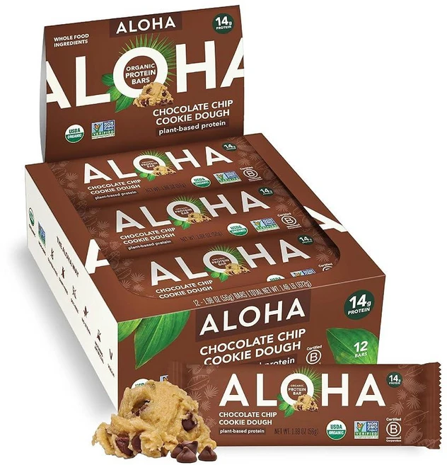 Aloha 유기농 비건 프로틴 바 초코칩쿠키 ALOHA Organic Plant Based Protein Bars Chocolate Chip Cookie Dough, 12개, 56g - 쿠팡