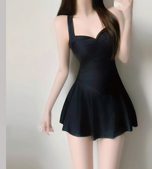 夏日連體泳衣 女裙式長袖防曬 溫泉游泳裝, 黑色不帶外套,XL推薦55.0 60.0公斤