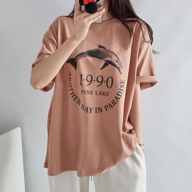 마이쏭 여성 빅사이즈 루즈핏 여름반팔 데인돌핀프린팅박스반팔티