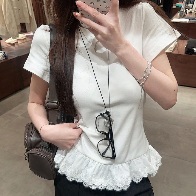 야오야오 밑단 레이스 반팔 티셔츠