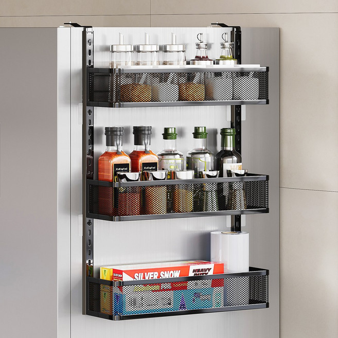 워촹스 냉장고 옆 수납 걸이 선반 무타공 선반 바구니 간격 자유자재로 조절 가능 철제, 1개, 블랙