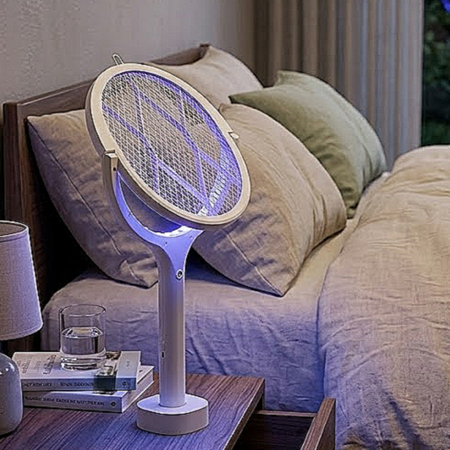 3중안전 회전 전기 모기채 LED 유인 휴대용 무선, 클리어화이트