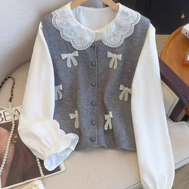 Makone 여성 블라우스 니트조끼 2종 세트 레이스 카라 리본 장식 예쁜 베스트 투피스 스쿨룩