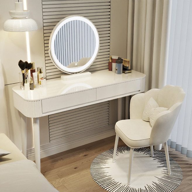 세련된 LED 조명 화장대 확장형 서랍장 수납 화장대, 120cm, Y01(수납장 없음)+꽃잎 의자+원형 거울