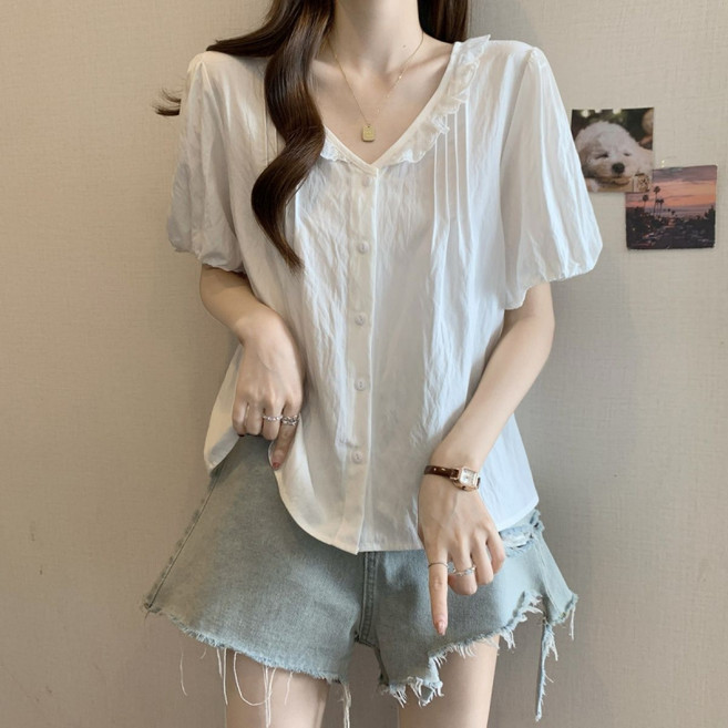 SAHINER 여성 반팔 러플 브이넥 단추 셔츠 블라우스 데일리 ATX74