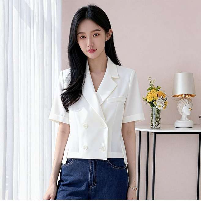 비비디아 여성 언발란스 반팔 숏 자켓 정장 뒤트임 재킷 트렌디 하객룩 격식룩 데일리룩 5637
