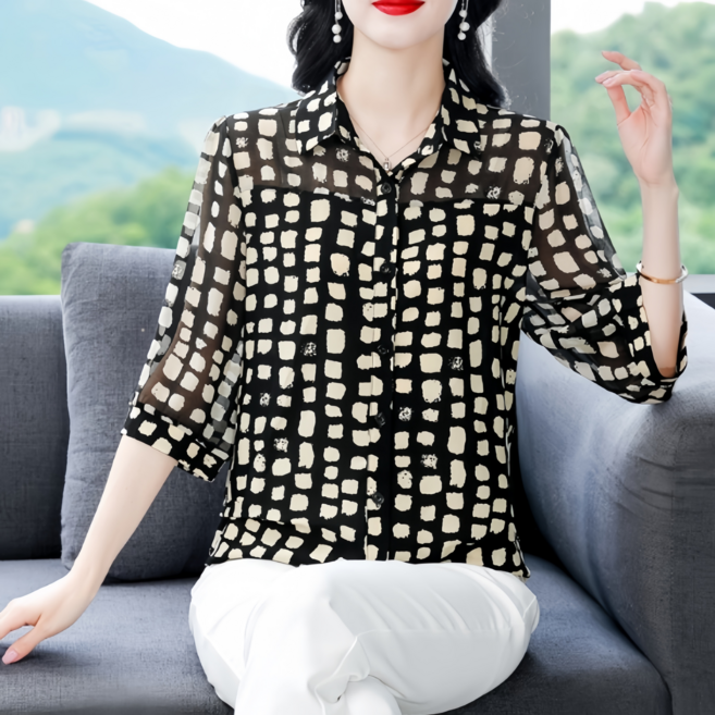 POMTOR 여성 고급 쉬폰 블라우스 7부소매 셔츠