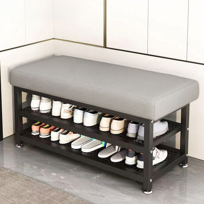 오아루 철제 현관 벤치 신발장 수납장, 그레이+블랙프레임