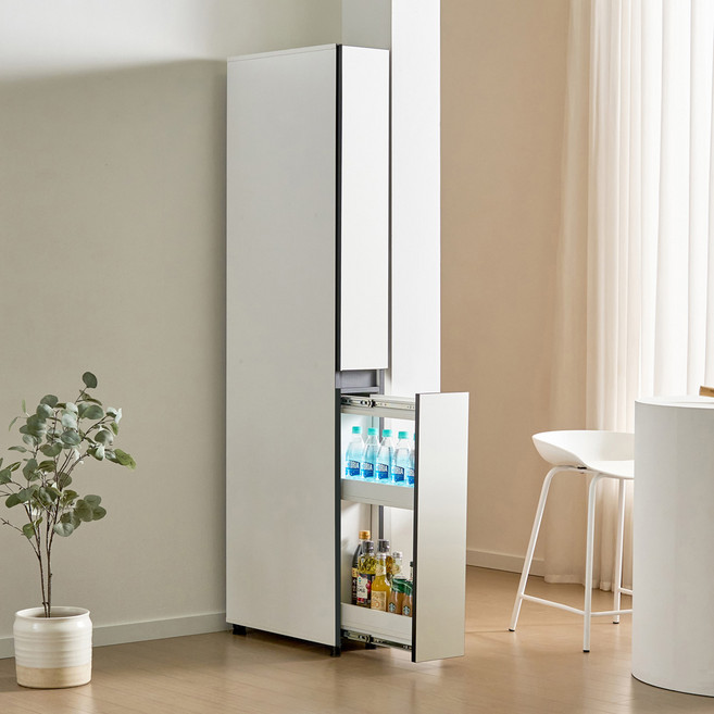 빌트인 틈새장 1853 깊이 570 일체형 200 슬라이딩 냉장고 옆 틈새수납장, 크림화이트