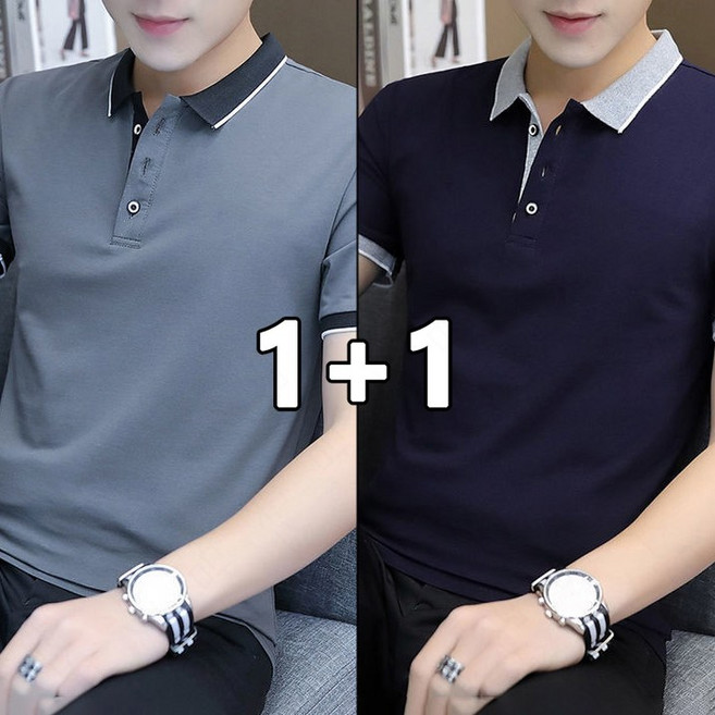 꽃소담 1+1 남자 여름 반팔 카라티 배색 편한 여름 반팔티 MQ472