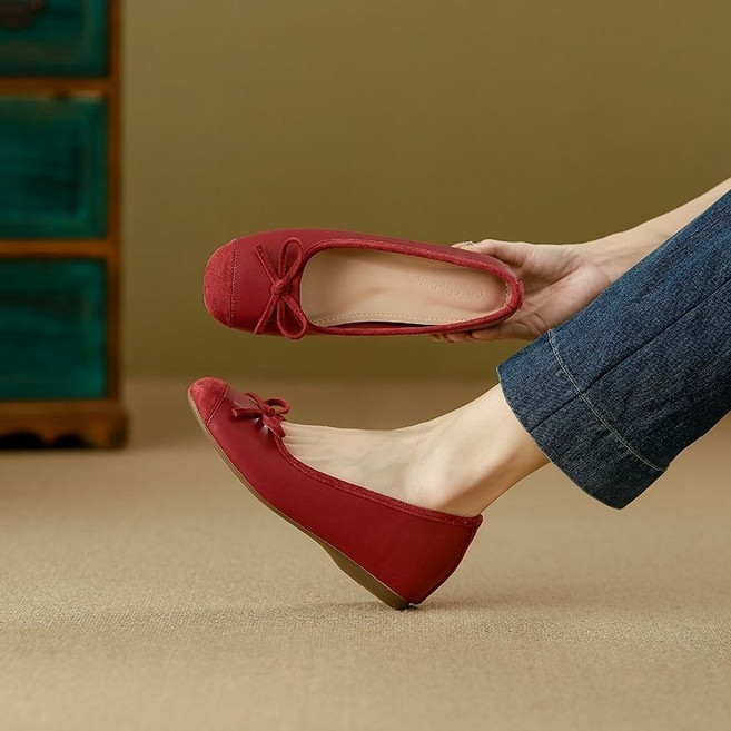 Skyciky 프렌치 천연가죽 키높이 발레리나 플랫 슈즈 여성 뮬 슬립온 빈티지 리본 단화 BB1203