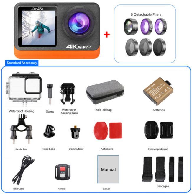 아워라이프 4K60FPS 액션 카메라 2.0 터치 IPS 스크린 24MP Wi-Fi 170D EIS 30M 방수 헬멧 웹캠 4배 줌 옵션 6개 필터, [01] MTR80 With 6 Lens, China Mainland, With out card