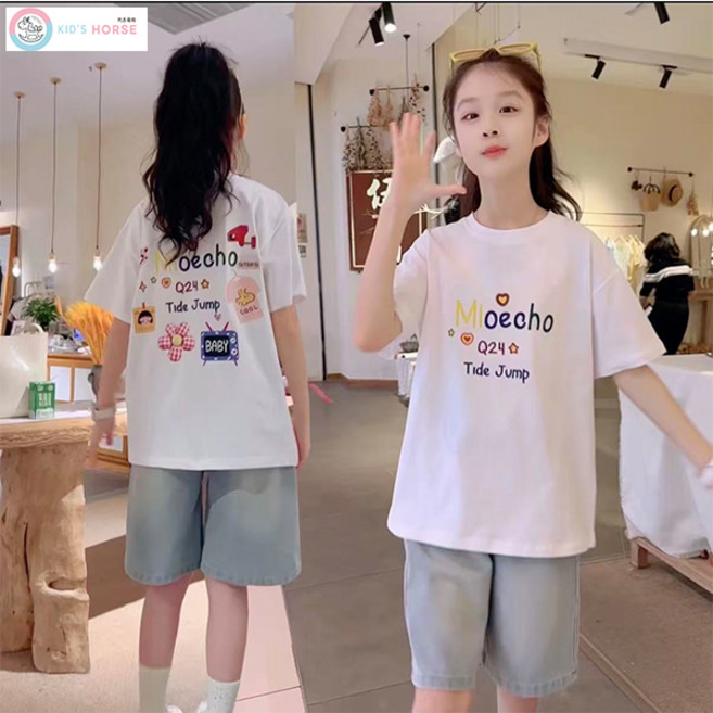 키즈목마 여아용 여름 캐주얼 배색 반팔 티셔츠 주니어 상하복 캐릭터 영문 레터링 연청 와이드 5부데님팬츠 상하세트887