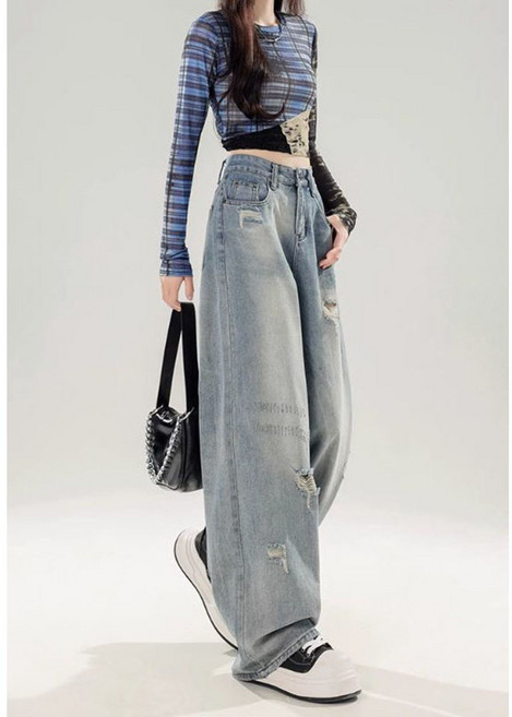 여성 데님 바지 봄 가을 여자용 빈티지 찢어진 청바지 빅사이즈 루즈핏 와이드 팬츠 YXF