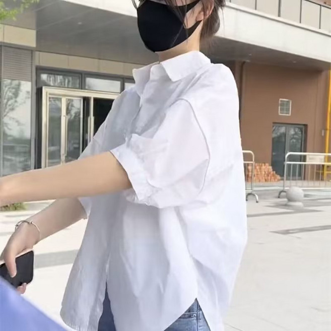 HAOHAO 大尺碼短袖襯衫，M-5XL 後背鏤空設計，夏季寬鬆顯瘦韓版休閒上衣