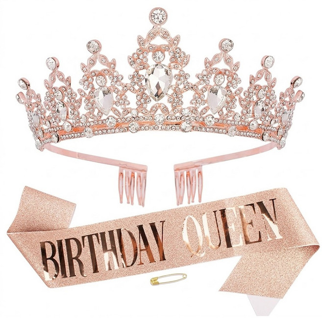 홈베리카 파티용 티아라 어깨띠 생일파티 생일 왕관, 1세트, 로즈골드
