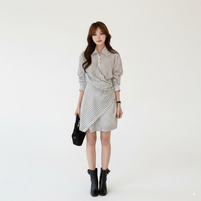 D.soH 셔츠 원피스 스트라이프 랩 디자인 미니원피스