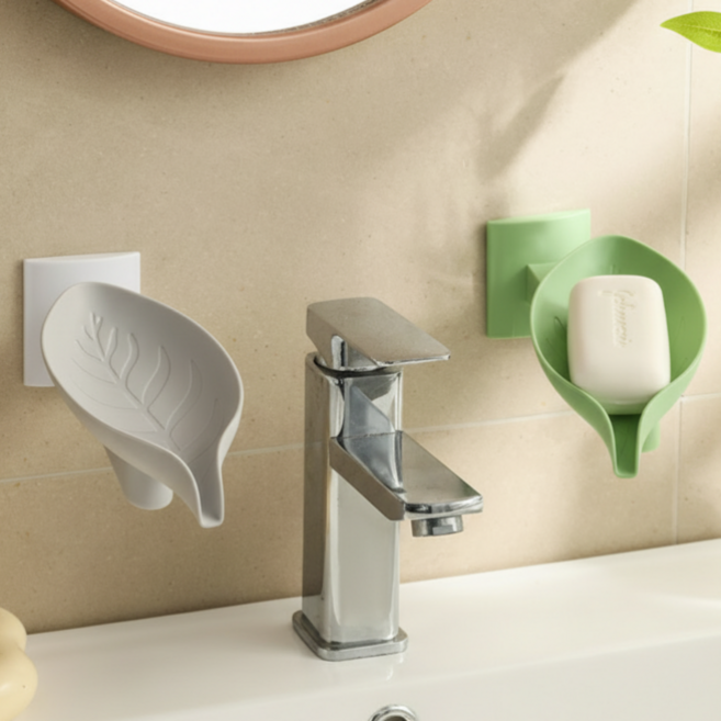 깔끔한 무타공 물빠짐 나뭇잎 비누받침대 세트, 그레이+그린