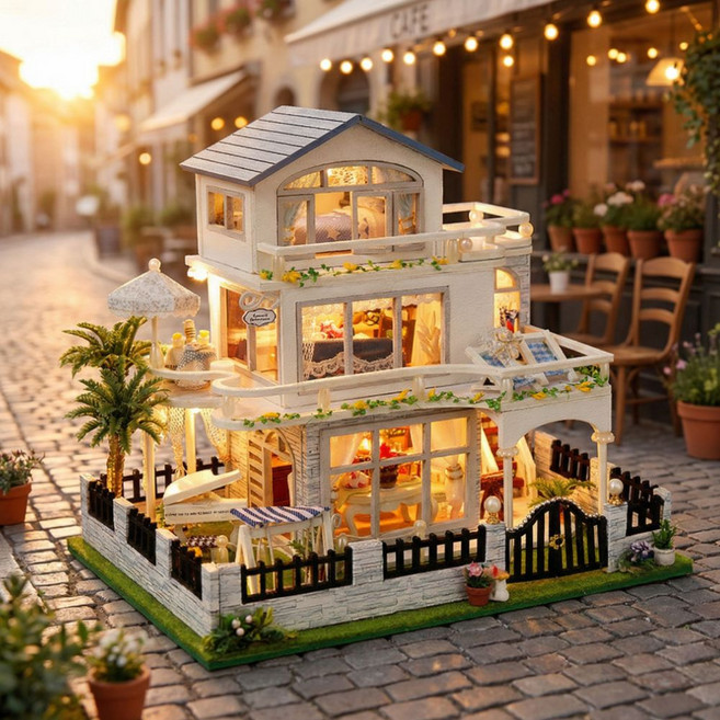 FOOI 연남동 3층 테라스 카페 미니어처 DIY 키트 LED 감성 인테리어
