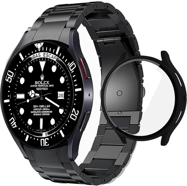 아이비온 갤럭시워치 원버튼 메탈 스트랩 40 44 mm + 풀커버 케이스 세트, 딥블랙, 1개