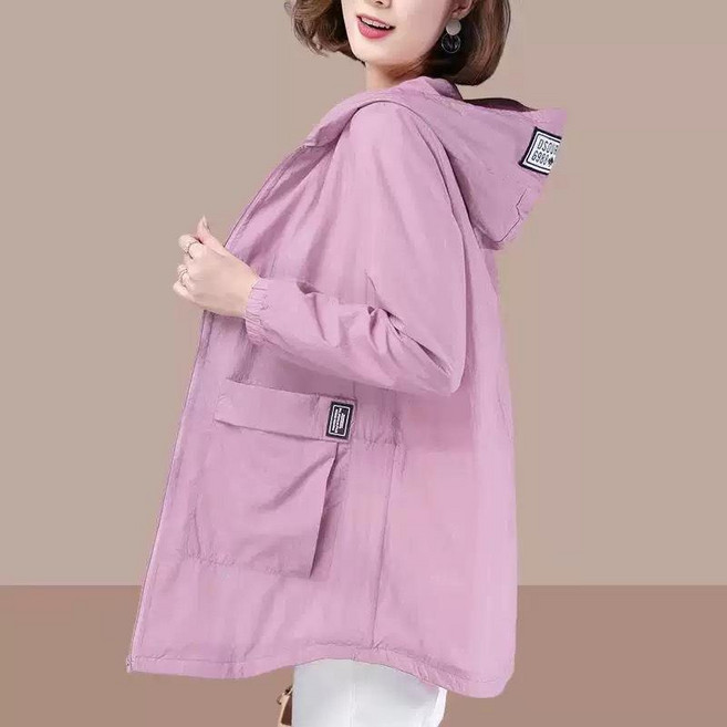 寬鬆中長款防曬衣女 夏季薄外套, 粉色