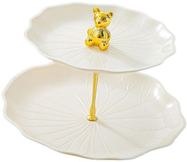 HAIMINGJUN 2단 컵케이크 스탠드 다용도 페이스트리 서빙 트레이 케이크 랙 (기념일 호텔 결혼식용), PP, 베이지색 바탕에 금색 곰