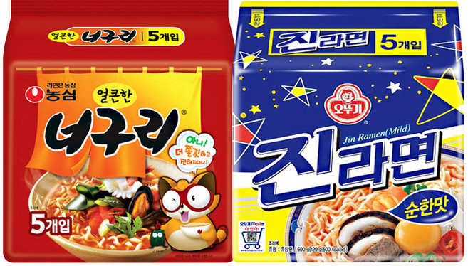 농심 너구리 얼큰한맛 5개 + 오뚜기 진라면 순한맛 5개, 1세트