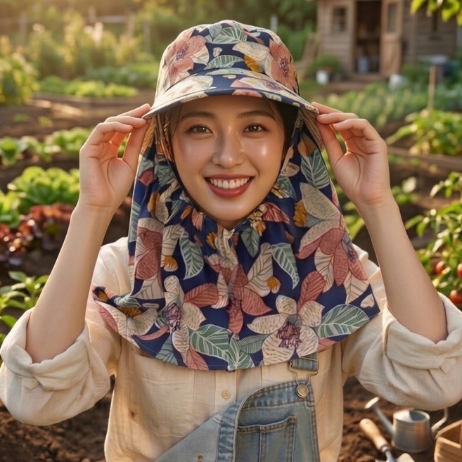 티앤비 햇빛가리개 자외선 차단 농사 작업 썬캡 꽃무늬 모자