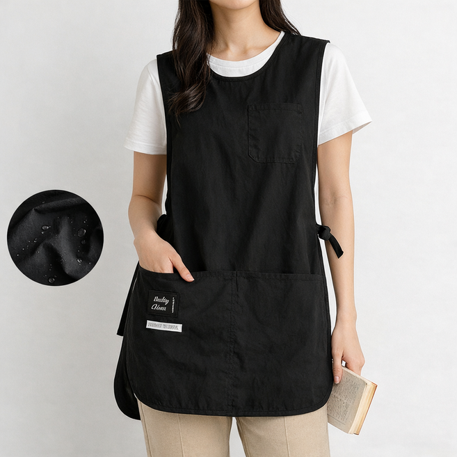 VELNIO 롱 베스트형 방수 방오 주방 작업복 남녀공용 바리스타 카페용 대용량 포켓 디자인, 1개, 블랙