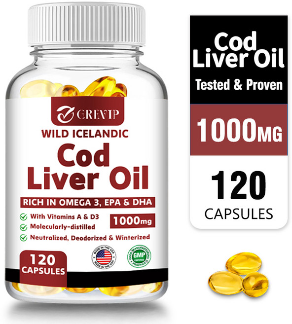 아이슬란드산 자연산 대구 간유 소프트젤 - 생선 오메가 3 EPA DHA 비타민 D & A - 심장 관절 뇌 및 면역 지원을 위한 트림 없는 캡슐, 1개, 60정