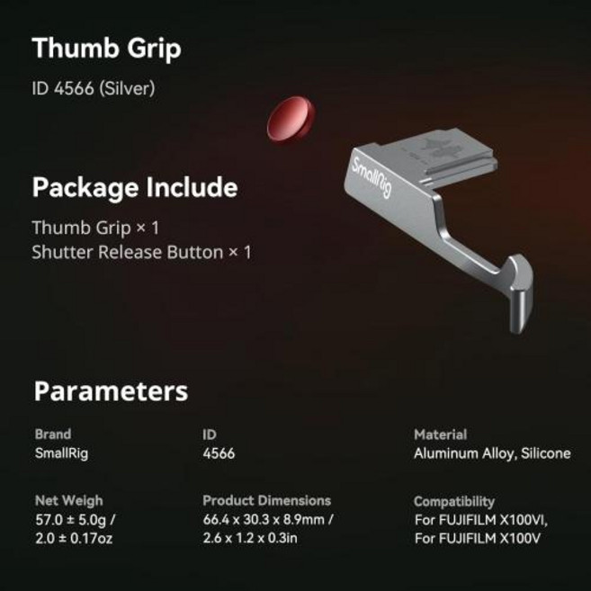 오목 셔터 릴리스 버튼이 있는 FUJIFILM X100VI / 핫슈 커버가 SmallRig 엄지 그립 -4559, [04]Silver 4566, 1개, 4) Thumb Grip Sliver, 01 Silver 4566