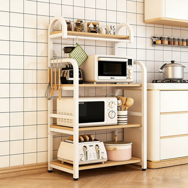 SeekFun 다용도 주방 선반 전자레인지 오븐 수납 조리도구 정리용 다층형 선반, 4단, 흰 원목색