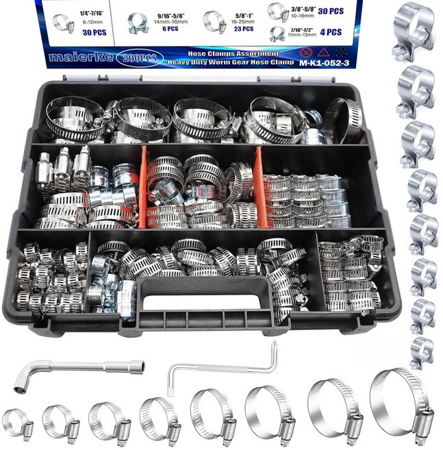Maierke 42PCS 블랙 스테인리스 스틸 호스 클램프 모음 키트 금속 조절 가능 141-18 6-29mm 웜 기어 자동차 라디에이터 파이프 배관 연료 라인용 소형, Silver, 200pcs