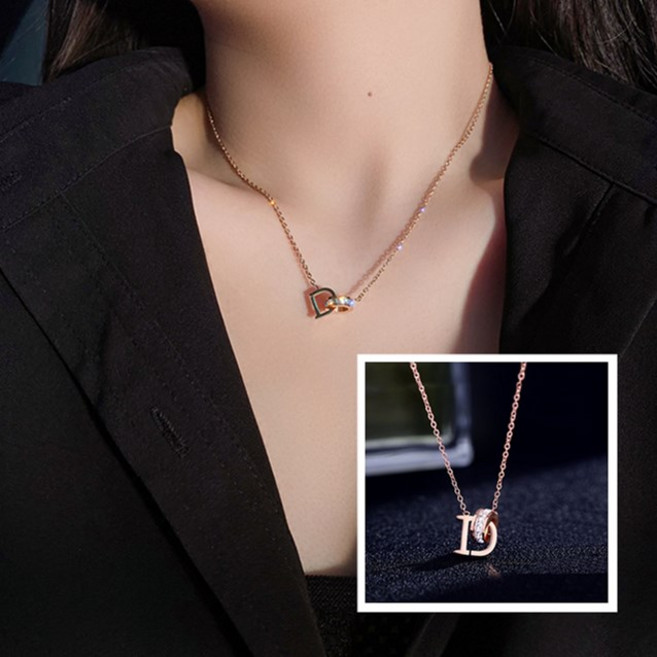 영블리 N14 [써지컬스틸] 스톤 큐빅 하트 드롭 D드롭 목걸이 18K 도금 로즈골드