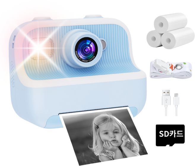 하이라라 큐티 어린이카메라 프린트카메라+리필용지3개+스트랩+메모리카드 포함, 큐티하늘
