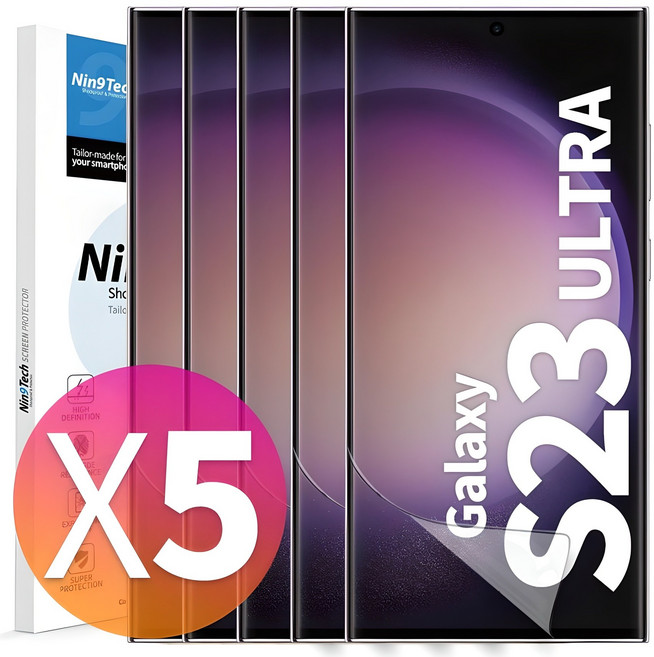 NINETECH 1+4 갤럭시 S23 플러스 울트라 풀커버 지문인식 방탄 우레탄 액정 보호 필름 5매, 1세트