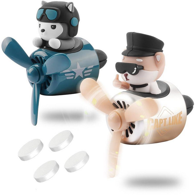 자동차 공기 청정기 만화 귀여운 곰 파일럿 배출구 프로펠러 디퓨저 창의적인 향수 장식 벤트 클립 8가지 향기로운 태블릿 포함 여성 남성용 (곰 + 영웅), 허스키 + 시바 이누