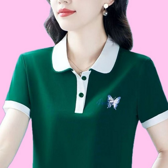 중년 여성 폴로넥 반팔티 봄 여름 엄마 폴로셔츠 심플 쿨링 터틀넥 티셔츠 캐주얼 기질 상의 WMY